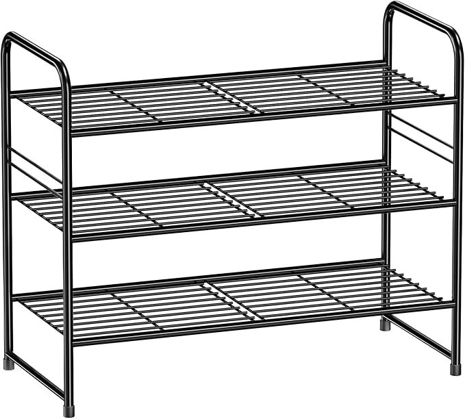 3-Tier 27” Wide Shoe Rack for Closet, Metal Stackable Shoe Shelf Organizer, Black