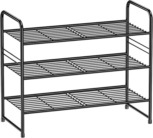 3-Tier 27” Wide Shoe Rack for Closet, Metal Stackable Shoe Shelf Organizer, Black