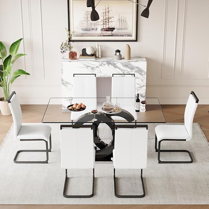 63'' Glass Dining Table Set for 6, Kitchen Table Chairs Set of 6, Clear Glass Dining Table with Black unique design Leg and Silver Metal Base, 6 PU Dining Chairs with Metal Legs, Living Room, Kitchen.