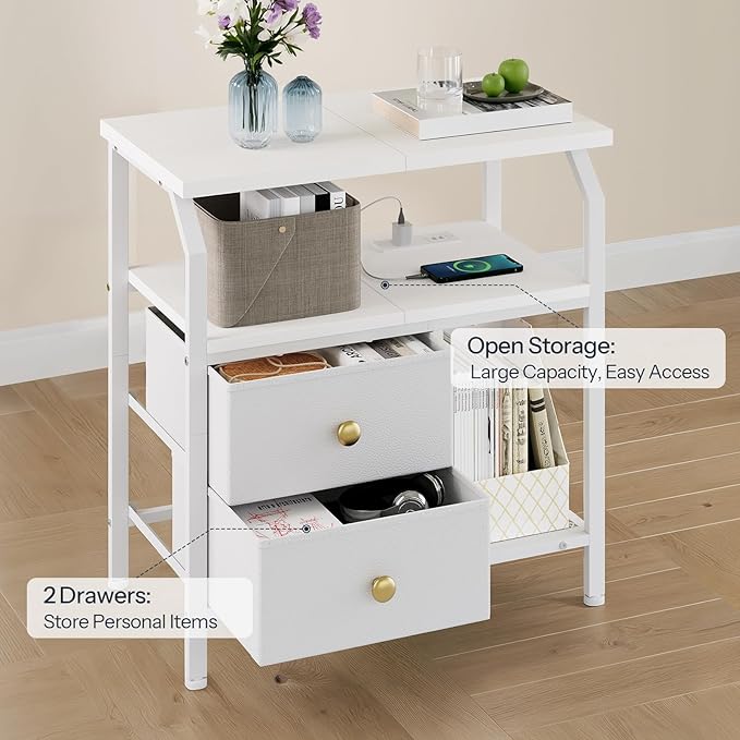HOOBRO 23 inch Wide Nightstand with Charging Station and LED Light, Night Stand with 2 Fabric Drawers, Bedside Table, Dresser with Open Storage Shelf, End Side Table for Bedroom, White WT160UDBZ01