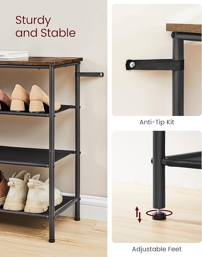 VASAGLE Shoe Rack, 4-Tier Shoe Storage Organizer for Entryway and Closet, Holds 15-18 Pairs of Shoes, 3 Fabric Shelves, Steel Frame, Industrial, Rustic Brown and Black ULBS135B01