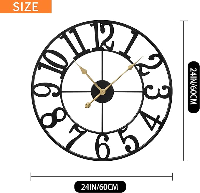 LEIKE Large Wall Clocks for Living Room,Silent,Non Ticking,Battery Operated Oversized Vintage Round Modern Metal Wall Clock for Bedroom,Farmhouse,Office Home Decor-24 Inch(Black-Arabic Number)