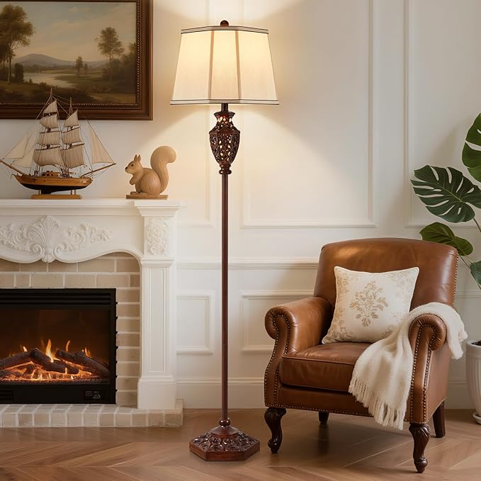 Luvkczc Vintage Floor Lamp - Brown Resin 6-Sided Carved Hollow Light Design, Mid-Century Modern Standing Lamp for Living Room, Bedroom, Study(Bulb Included)