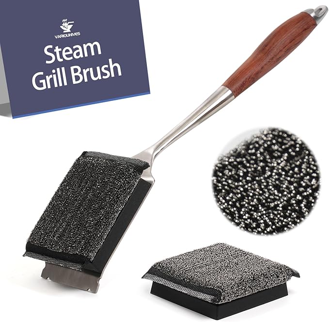 Bristle-Free Grill Brush with Steam Cleaning - Heat-Resistant Aramid Fiber Pad & 1 Replaceable Head 16 Inch Long Wood Handle- Safe for All Types Grills,Ideal Gift for Dads