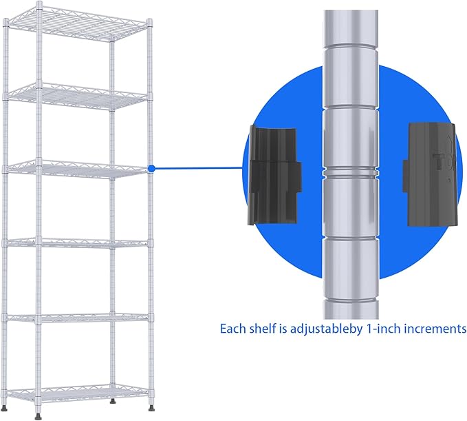 REGILLER 6 Wire Shelving Steel Storage Rack Adjustable Unit Shelves for Laundry Bathroom Kitchen Pantry Closet(Silver,11.7" D x 21.4" W x 63" H)