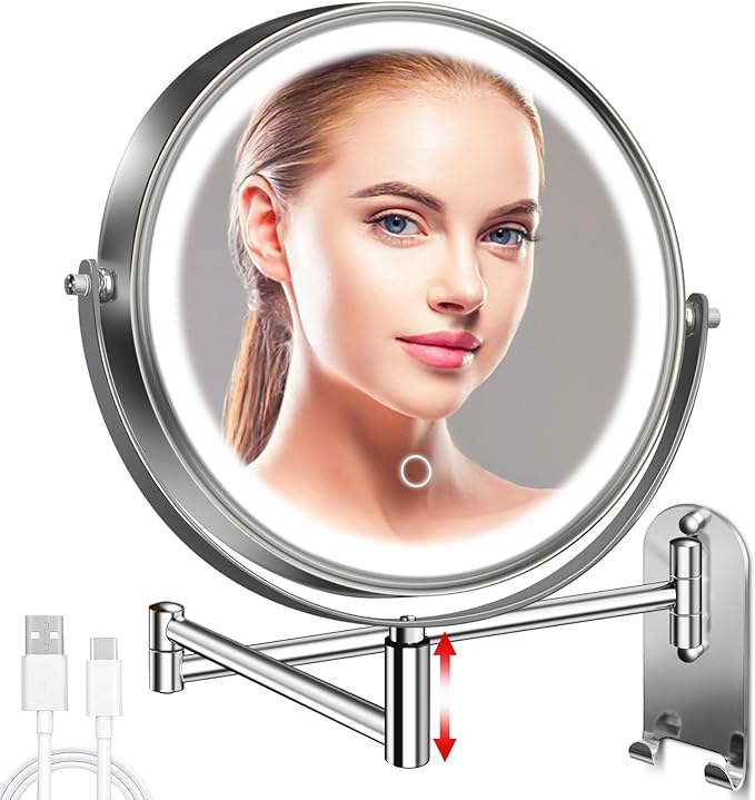 8" Wall Mounted Lighted Makeup Mirror, 3000mAh Rechargeable Double Sided 1X/10X Magnifying Mirror with Hook,3 Color Lights Dimmable 360° Rotation Vanity Mirror for Bathroom