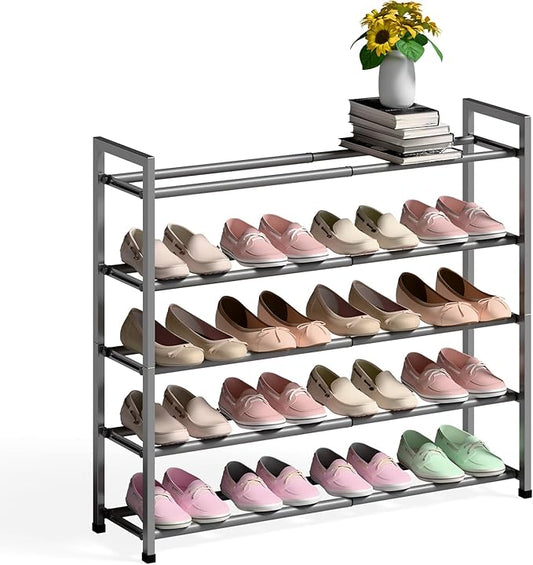 Bumusty 5-Tier Expandable Shoe Rack for Closet, 18“-33” Adjustable Shoe Rack for Small Space, Small Shoe Organizer for Front Door, Sturdy Metal (Grey)