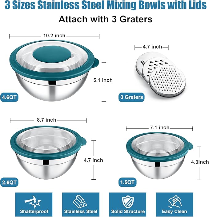E-far Mixing Bowls with Lids and Graters, Stainless Steel Salad Mixing Bowl with Transparent Lid Set of 3, Metal Nesting Salad Storage for Kitchen Prepping/Serving/Baking, 4.6/2.6/1.5QT - Teal Blue