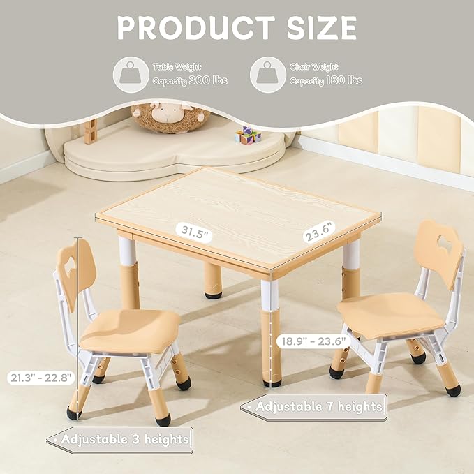 Kids Table and Chairs, Height-Adjustable Toddler Table and Chair Set with 31.5''Lx23.6''W Graffiti Desktop, Table Chair for Ages 3-8, Childrens Table and Chair Set for Daycare with 2 Chairs, Brown