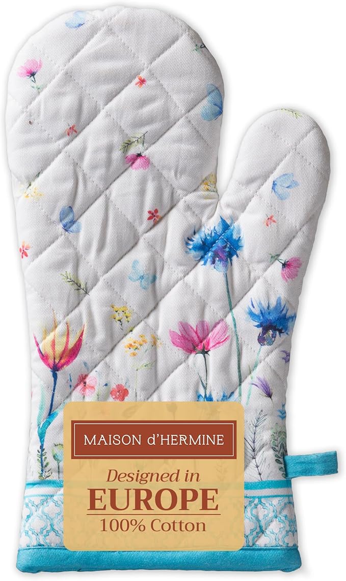 Maison d' Hermine Oven Gloves 100% Cotton Oven Mitt 7" x 13" with Loop Heat Resistant, BBQ, Cooking Gloves, Baking, Grilling, Kitchen, Handling Hot Pans Spring/Summer (Pack of 1, Flower in The Field)