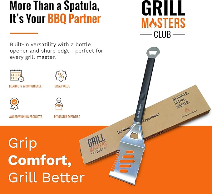 4-in-1 BBQ Spatula | Multifunctional Stainless Steel Grill Spatula with Polypropylene Handle, Serrated Edges, Bottle Opener | Perfect for BBQ grills, kebabs for Camping & Picnics