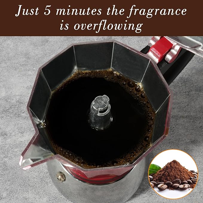 Stovetop Espresso Maker, 6Cup Moka Pot, Espresso Machine Compatible with Induction Cooktops, 300ml Stainless Steel & Aluminum Cuban Coffee Maker for Cafetera Cubana, Red