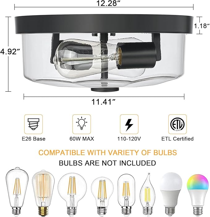 Flush Mount Ceiling Light with Clear Glass Shade, 2-Light Indoor Outdoor Farmhouse Lighting Flush Mount Lights for Kitchen Bedroom Porch Living Dining Room(Black)