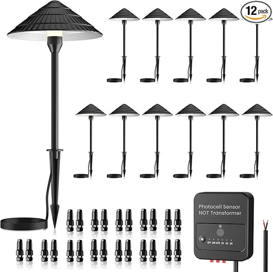 ZZXX LED Low Voltage Pathway Lights 5W 2700K LED Outdoor Landscape Lighting with Photocell 12-24V Cast-Aluminum Low Voltage Lights IP66 Waterproof Landscape Spotights for Path Garden Yard,12 Pack