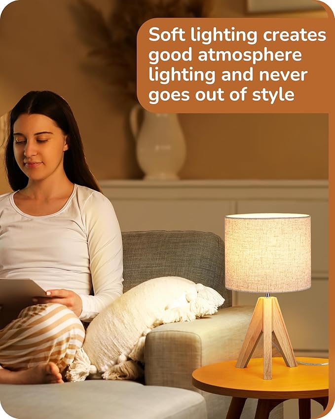 EDISHINE Small Table Lamp, Boho Bedside Lamp with Linen Fabric Shade, Wood Tripod Nightstand Lamp for Nursery, Living Room, Bedroom, Narrow End Table, UL Listed, 14.2 Inch, ON/Off Switch