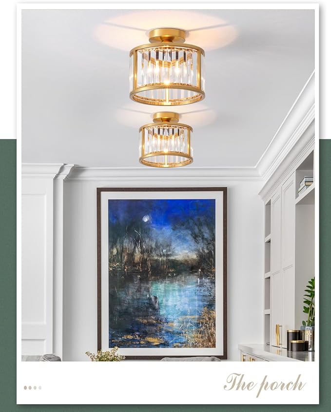 Black Flush Mount Ceiling Light, 2- Light Caged Crystal Chandelier, Small Drum Hallway Light fixtures Ceiling Mount (8.6 INCH Brass Gold（1-Light）)