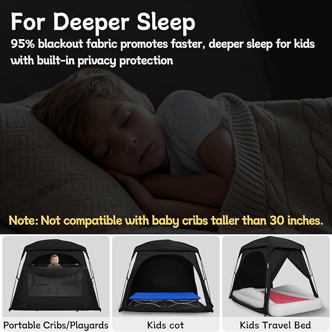 Blackout Tent for Pack and Play, Mini Crib, Kids Travel Bed & Cot, Sleep Pod for Baby & Toddler, Breathable Design with Fan Pouch & Monitor Pouch, Lightweight and Portable