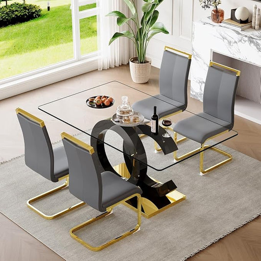 63'' Glass Dining Table Set for 4, Kitchen Table Chairs Set of 4, Clear Glass Dining Table with Black unique design Leg and Gold Metal Base, 4 PU Dining Chairs with Metal Legs, Living Room, Kitchen.