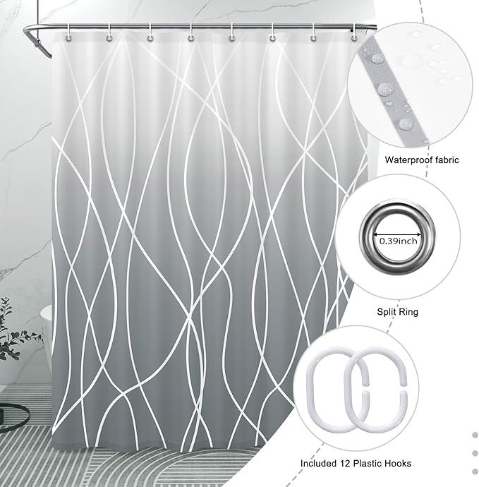 Punkray Ombre Grey Shower Curtain for Bathroom with Hooks, White Shower Curtain Set, Stripe Bath Curtains Decorative Shower Curtains Water Repellent Washable, 54 x 72