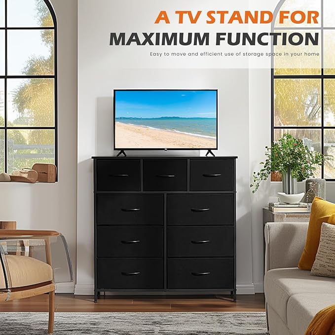 Sweetcrispy Dresser with 9 Drawers for Bedroom, Fabric Dresser Storage Tower, Chest of Drawers Organizer Unit, Storage Cabinet for Hallway, Closets, Steel Frame, Wood Top