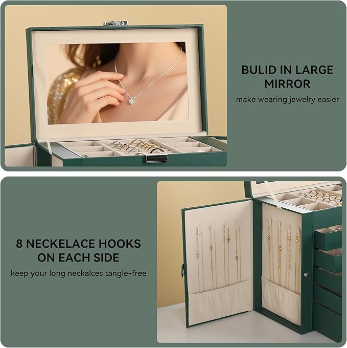 Frebeauty Large Jewelry Box,6-Tier PU Leather Jewelry Organizer,Multi-functional Storage Case with Mirror,Accessories Holder with 5 Drawers for Necklace Bracelets Watches(Blackish Green)
