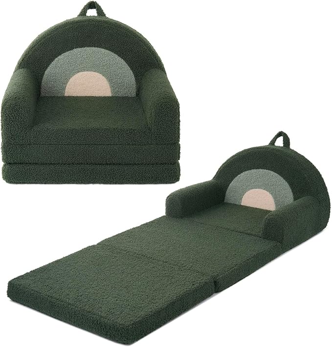 Blissful Diary Foldable Toddler Couch, 2-in-1 Comfy Toddler Chair & Lounger for Reading, Nap, Playroom, Kids Couch Sofa for 1 2 3+ Year Old Girls Boys Birthday Gift, Dark Green Arclet