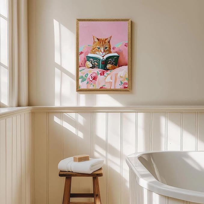 Framed Vintage Cat Canvas Wall Art, Funny Pink Animal Reading Books Painting Picture Print, Cute Kitten Lovers Aesthetic Wall Decor for Nursery Girls Room Bedroom Kids Room 16''L x 12''W