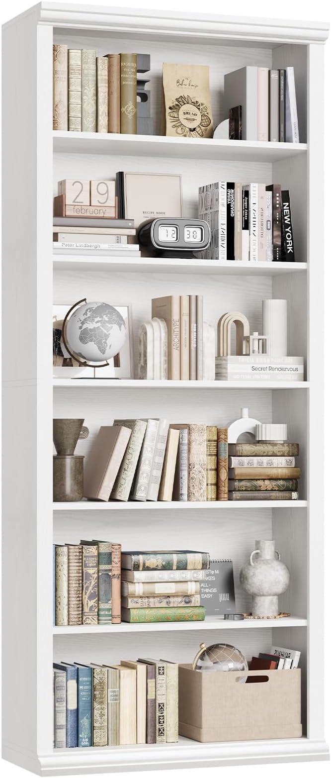 Rresyet Bookcase and Bookshelves, 28" W Tall Bookshelf with Elegant Design, 6 Tiers Spacious Book Storage, Freestanding Book Organizer, Display Library Shelf for Home Office, Living Room & Study Room