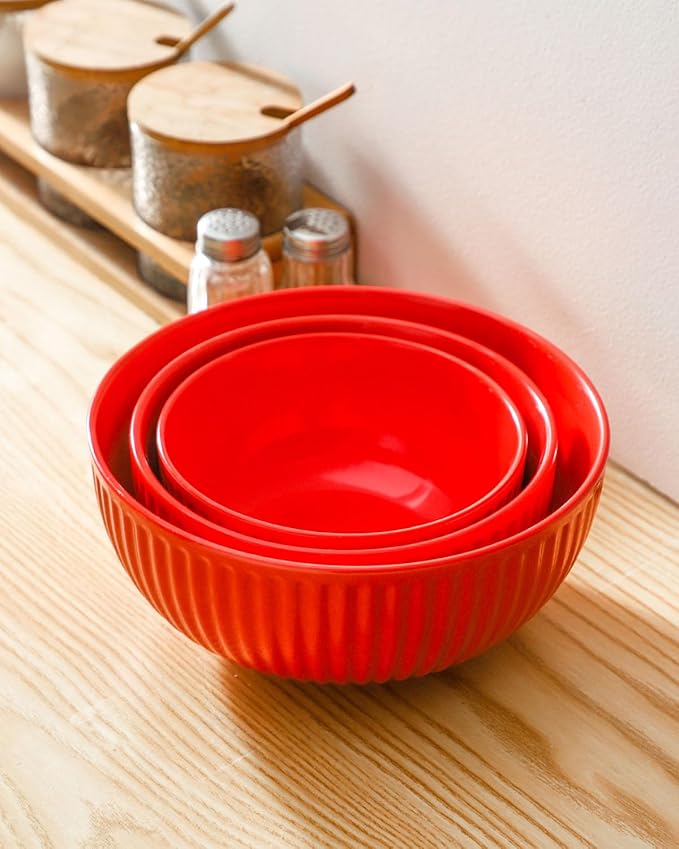 Hasense Mixing Bowls of 3, Porcelain Ribbed Bowls 1.5/1/0.5 Qt For Kitchen, Cooking, Baking and Serving Prep Bowls for Salad, Pasta, Modern Kitchen Dish Dishwasher & Microwave Safe, Red