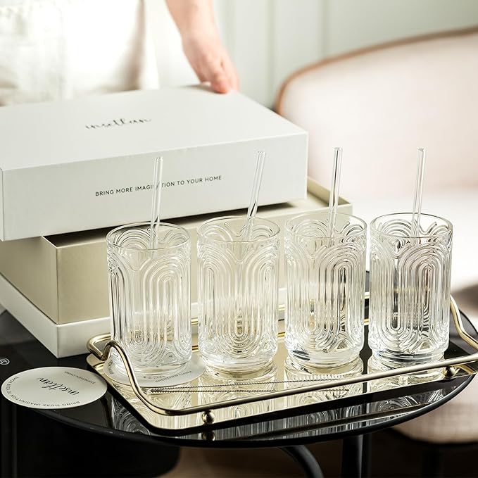 INSETLAN Vintage Art Deco Glassware | Glass Cups Set of 4 | 14 Oz Thick Bottom Cocktail Glasses, Highball Glass Fabulous Box, Embossed Ripple Glassware, for Water, Wine, Juice, Mixed Drinkware