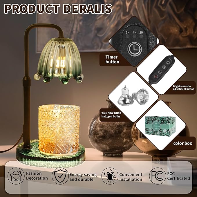 Candle Warmer Lamp with Timer: Adjustable Height and 4 Dimmer, Crystal Glass Base, Heater Wax Warmer for Jar Scented, Home Décor and Housewarming & Birthday Gift for Mom Woman, 2 Bulbs (Crown Green)