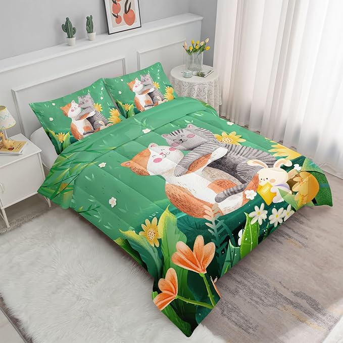 Cute Cat Kids Comforter Bedding Set for Boys Girls, Watercolor Cat Forest Rabbit and Flower Print Comforter with 2 Pillowcases(Cute Cat Full)