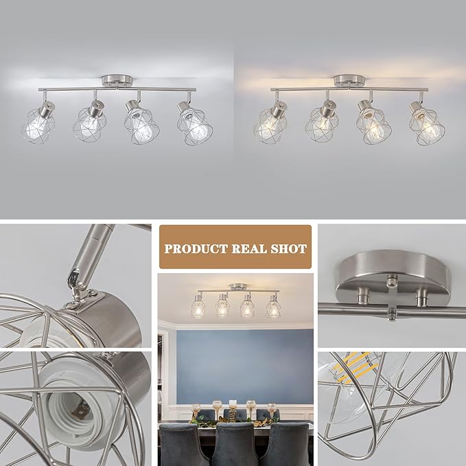 BUXVRCS Adjustable Multi-Directional Brushed Nickel Light Fixtures, Semi Flush Mount Ceiling Light, Kitchen Light Fixtures Ceiling Mount, Geometric Metal Cage Industrial Spotlight Fixtures