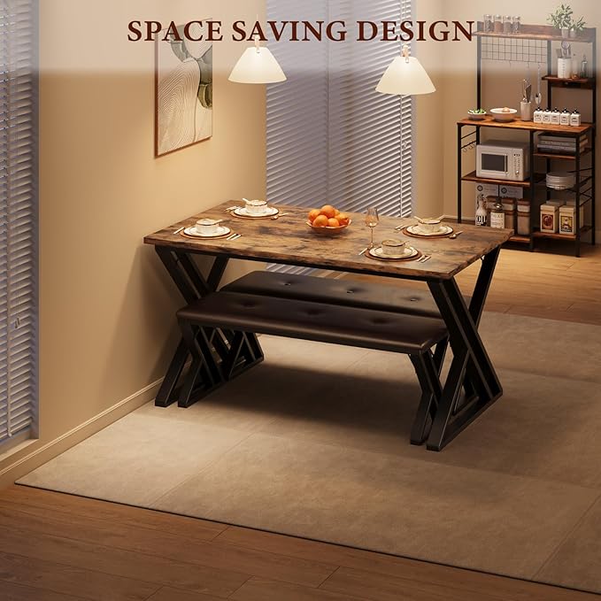 GAOMON Dining Table with 2 Benches, Kitchen Table Set for 4, 3 Piece Dining Table Set for Small Space, Apartment, Saving Space for Kitchen, Dining Room (0.75'' Inch Cusion)