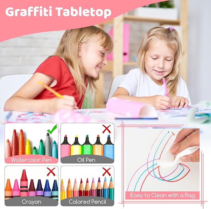 Costzon Kids Table and 4 Chair Set, Height Adjustable Toddler Desk and Chairs with Graffiti Desktop, Non-Slip Legs, Children Art Study Multi-Activity Table Set for Home, Daycare, School (Pink)