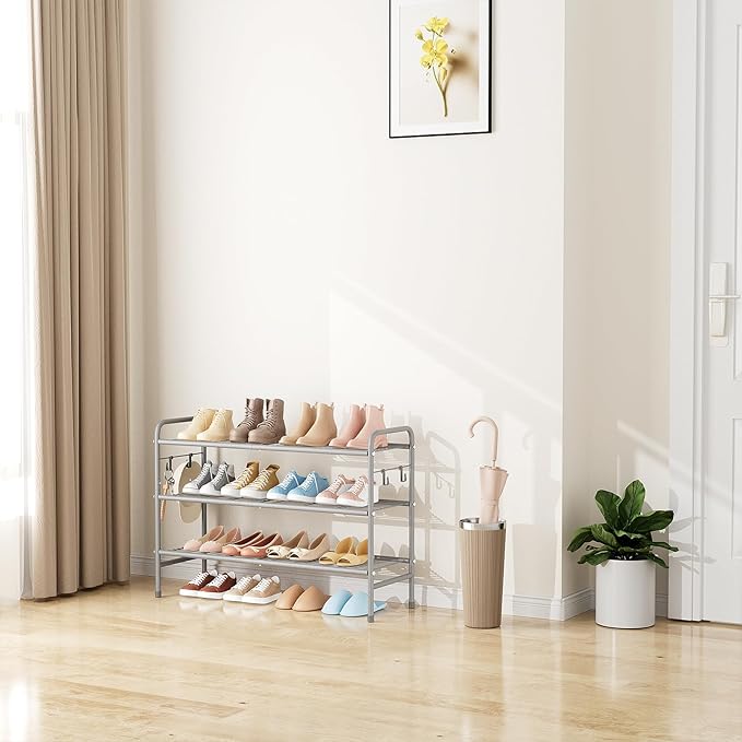 3 Tier Shoe Rack 33" Wide Metal Shoe Organizer Long Shoe Storage with 4 Side Hooks Sturdy Shoes Shelf for Front Door Entrance, Closet, Garage, Dorm, Grey