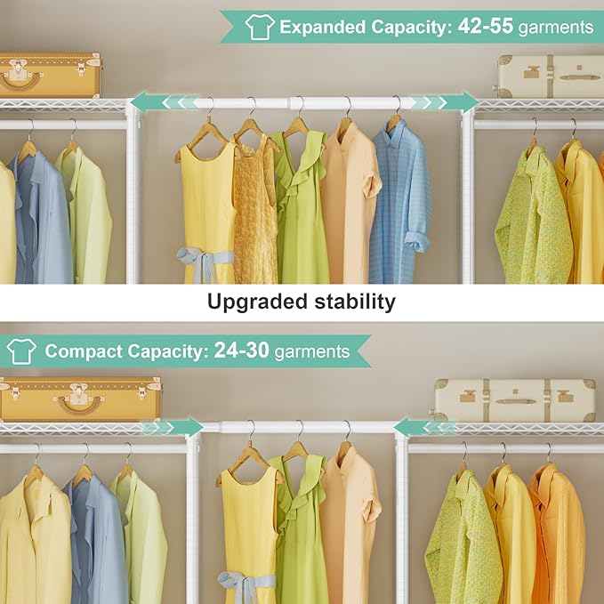 SEMHOR E06 Expandable Heavy Duty Clothes Rack for Reach-in Closet, Freestanding Clothing Racks with Shelves, Carbon Steel Closet Organizer System Adjustable from 70.8-93.9", Max Load 800LBS, White