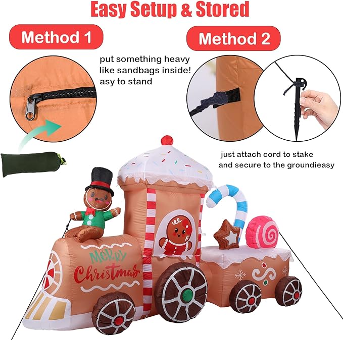 VCUTEKA Christmas Inflatables Gingerbread Outdoor Decorations - 8FT Inflatable Gingerbread Man in Gingerbread House Train Christmas Blow Up Yard Lighted for Holiday Garden Lawn Xmas Decor