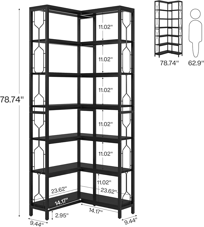 Tribesigns Corner Shelf, 7-Tier Industrial Corner Bookshelf, Wood and Metal Corner Etagere Bookcase, Freestanding Display Shelf for Living Room, Kitchen, Home Office, Black