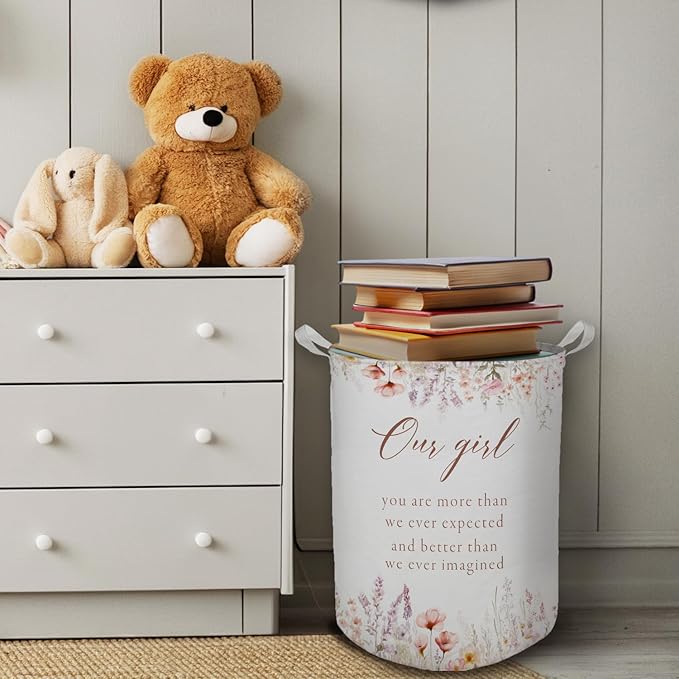 Baby Girl Laundry Basket, Boho Floral Wildflower Waterproof Collapsible Laundry Hamper Dirty Clothes Storage Toy Bin Organizer for Toddler Girls Room Nursery Bedroom Bathroom Kids Room