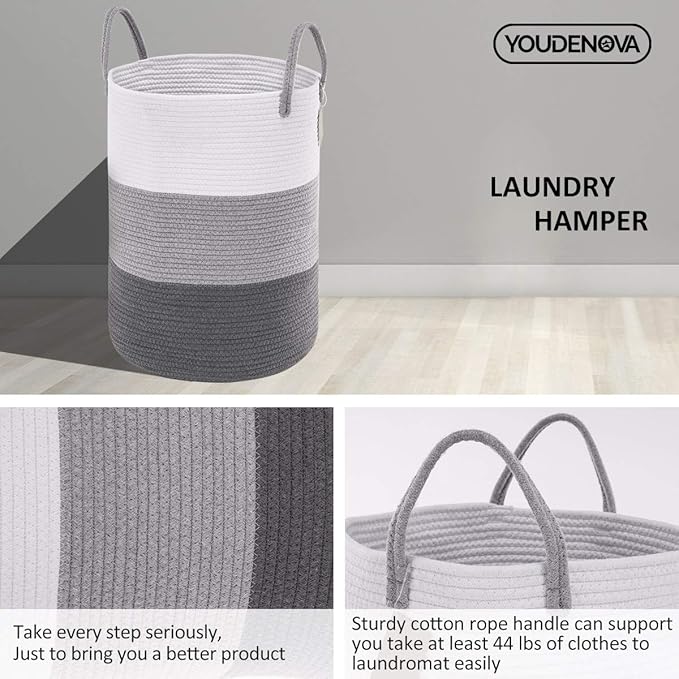 Woven Rope Laundry Hamper Basket, 58L Tall Luandry Basket, Baby Nursery Hamper for Blanket Storage, Clothes Hampers for Laundry in Bedroom-Large-Dark Grey