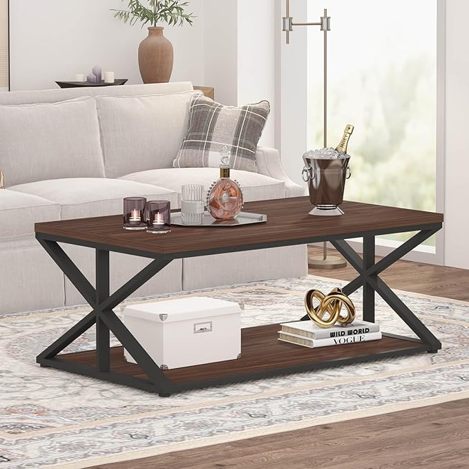 Launica Coffee Table with Storage, Modern Living Room Table, Minimalist Rectangle Center Table, Industrial Vintage Wood Tea Tables, 39 Inch, Walnut