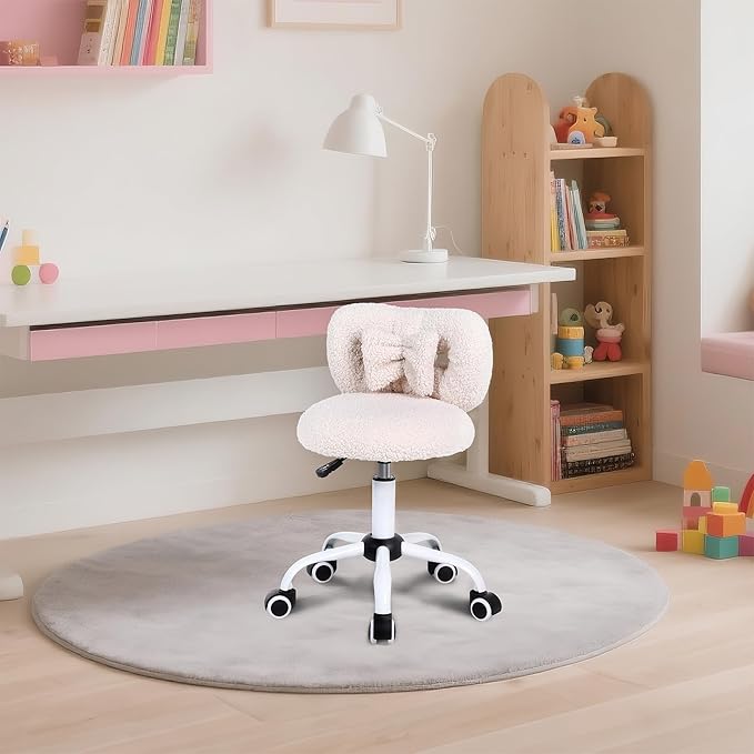 Kids' Desk Chair with Bow Design, Cute Upholstered Swivel Chair with Wheels and Adjustable Height, Small Comfy Armless Chair for Girls/Children (Cream)
