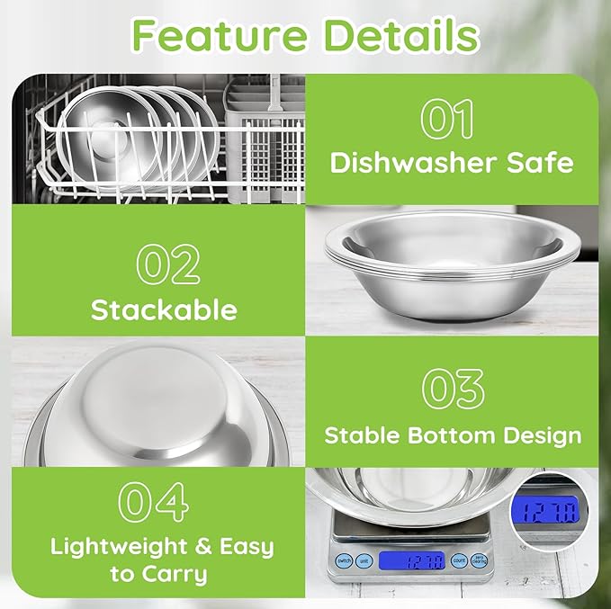 304(18/8) Stainless Steel Mixing Bowls for Kitchen, 10 Pack 8.7" 34.88 fl.oz Metal Mixing Bowls Set Stackable for Baking Serving Cooking Food Prep Storage Dishwasher Safe Lightweight