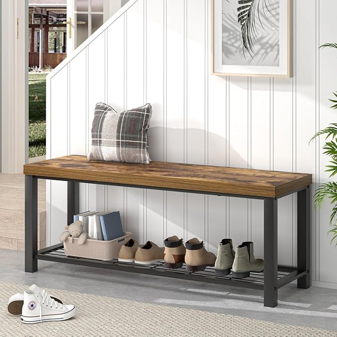 EXCEFUR Entryway Bench, Modern Wood and Metal Storage Bench for Hallway Front Door Entrance, Industrial Indoor Shoe Rack Bench Seat for Living Room Bedroom, 43.3 Inch Rustic Brown