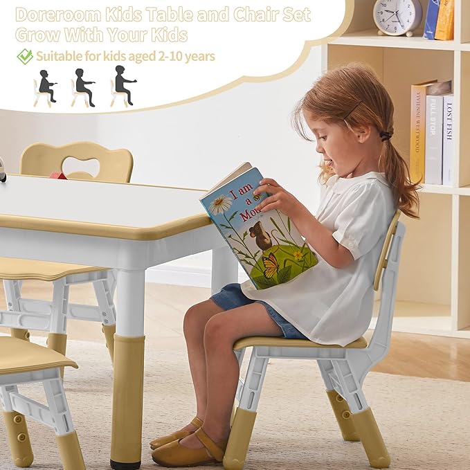 Toddler Table and Chairs Set for 4, 47.2''L x 23.6''W Kids Study Table and Chair Set, Height-Adjustable, Graffiti Desktop, Children Activity Table for Daycare, Classroom, Home