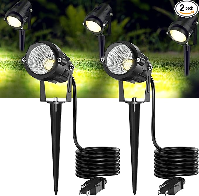 High Brightness 1000LM Outdoor Spot Lights for Yard, 3500K Warm White Spot Lights Outdoor with 4.9FT Electric Cord, 10W LED IP66 Waterproof Landscape Spotlights for Garden Tree Flag - 2 Pack