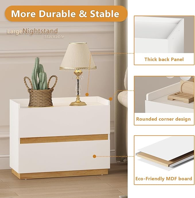 Large Modern Nightstand White Bedside Table, 2 Drawer Dresser Wood Stackable Storage Drawers for Clothes for Closet, Bedroom, 24"x16"x20"