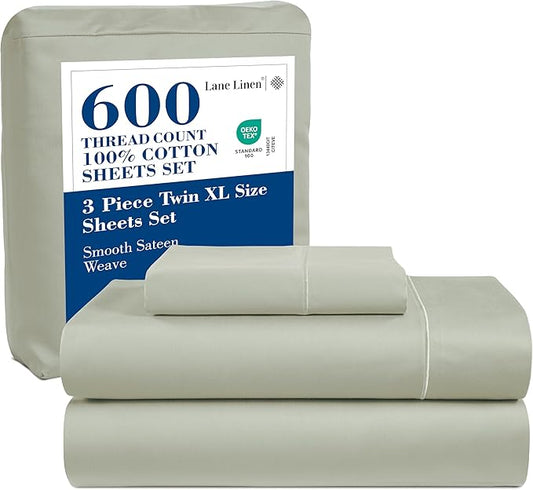 LANE LINEN 600 TC 100% Mercerized Cotton Twin XL Sheets Set, Soft & Comfy Sateen Weave - Perfect for Hospital beds or Dorm Room, Luxury Hotel Like Thick Sheets Twin XL Size Sheet Set - Mineral