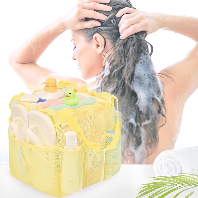 Mesh Shower Caddy Portable with Drawstring, Dorm Room Essentials for College Students Girls & Boys, Large Shower Bag for Camping,Swimming,Gym,Travel,Bathroom - Yellow